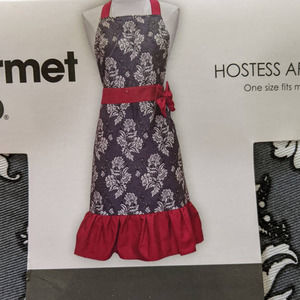 new GRAY Gourmet Club Hostess Apron Black Red Damask Apron kitchen cooking linen